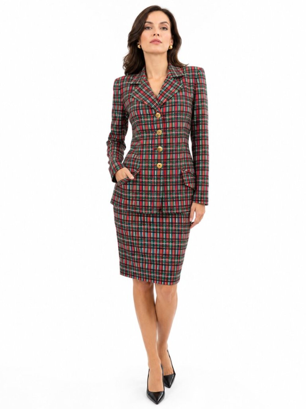 Vintage 90s David Hayes Red Plaid Silk Skirt Suit | Designer Luxury | Small